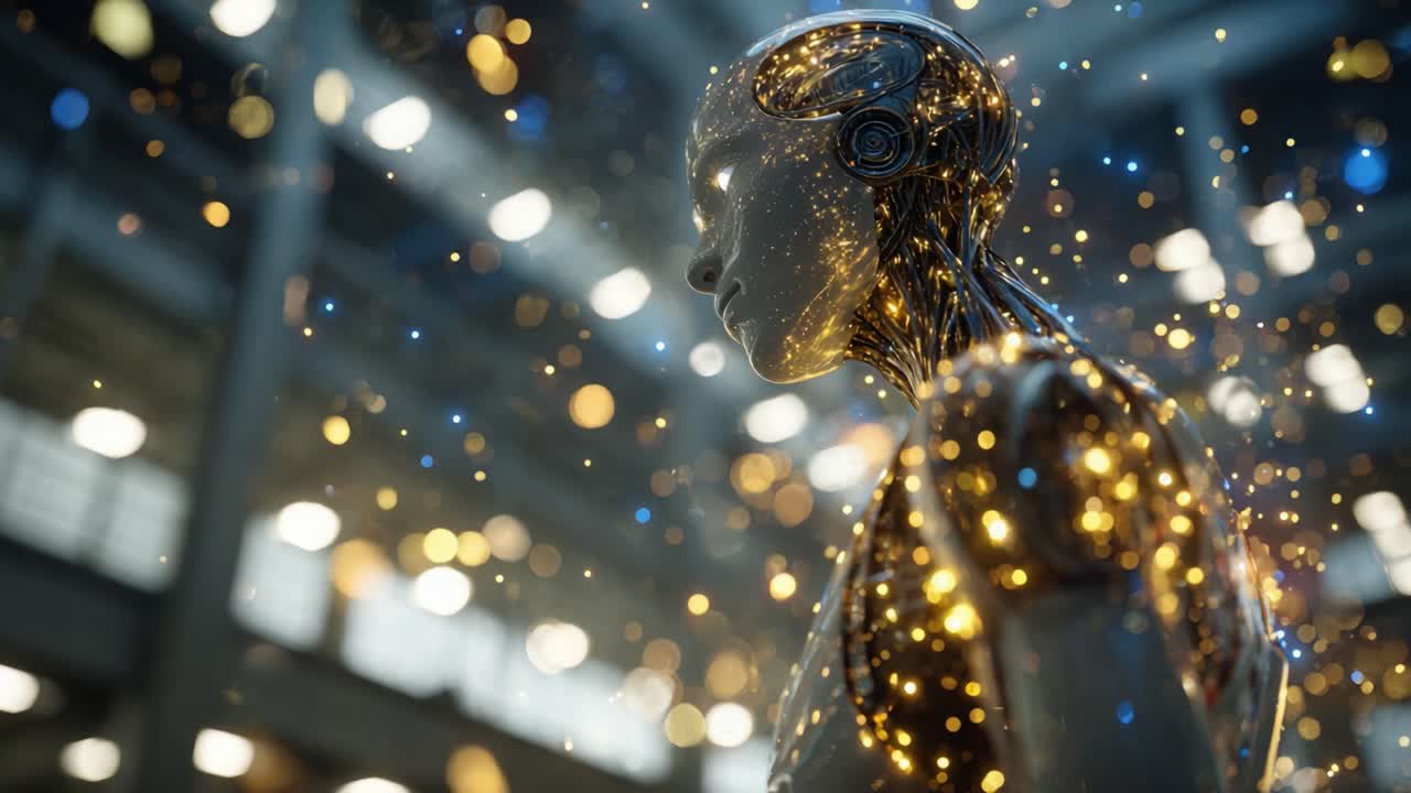 Uno sguardo ipnotico su un robot umanoide futuristico, adornato con scintillanti particelle digitali, che incarna l'essenza dell'intelligenza artificiale avanzata in un ambiente moderno