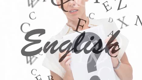 Animation-of-english-text-and-letters-over-caucasian-woman