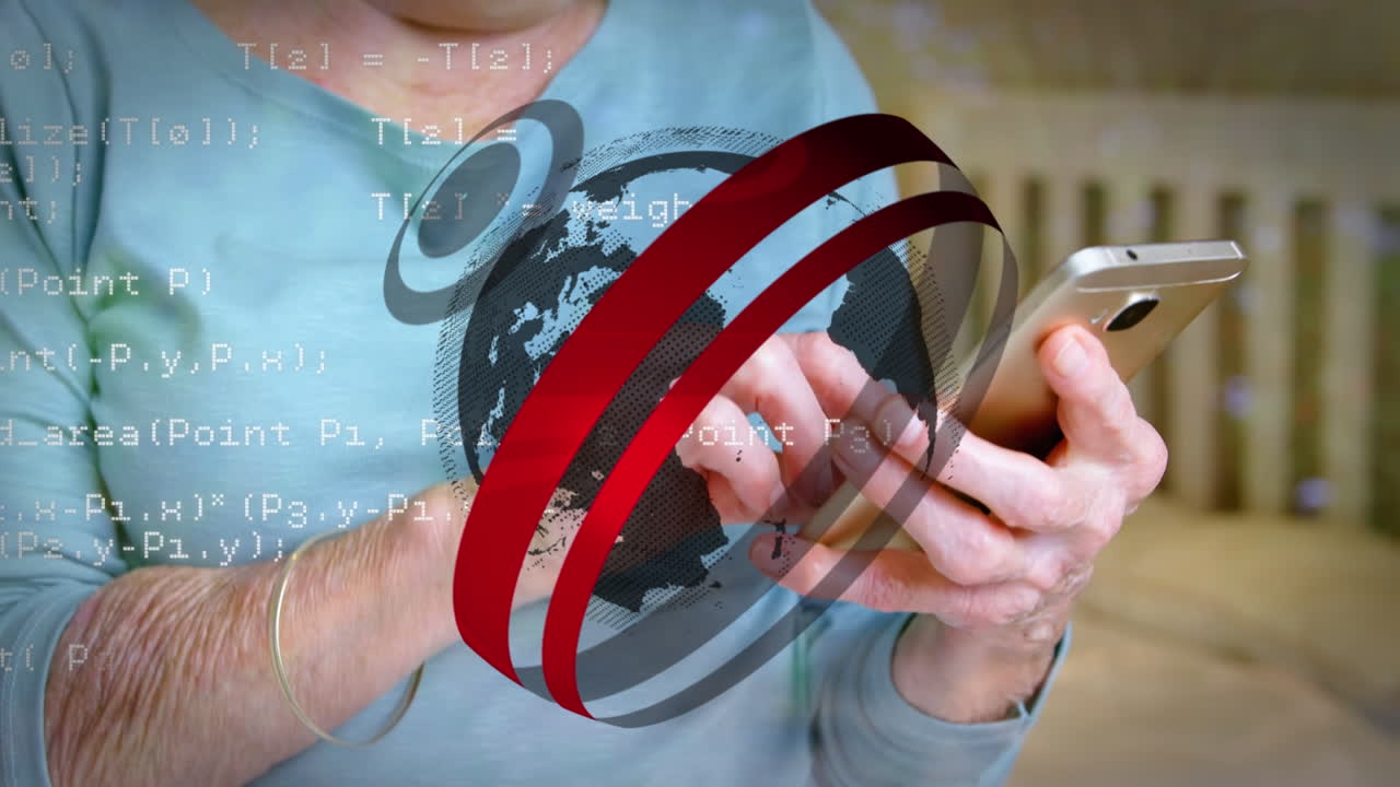 animación del globo y procesamiento de datos sobre una mujer caucásica usando un teléfono inteligente