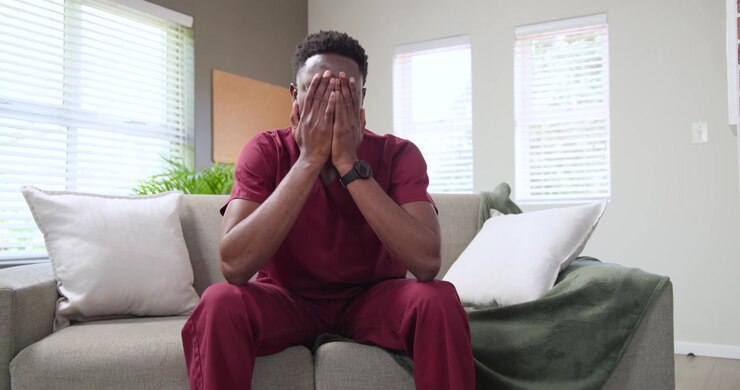 Uomo afroamericano in divisa medica bordeaux che guarda lo smartwatch, seduto su un divano grigio, che compone.