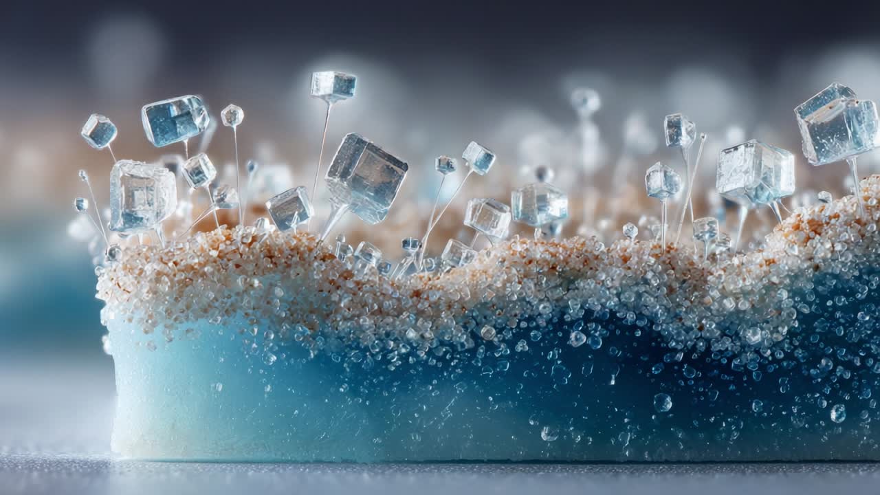 A Captivating Macro View of Sugar Crystals Forming Intricate Patterns and Structures, Showcasing the Beauty of Natural Confectionery In Detail, with Glimmering Reflections and Bubbly Texture in Focus