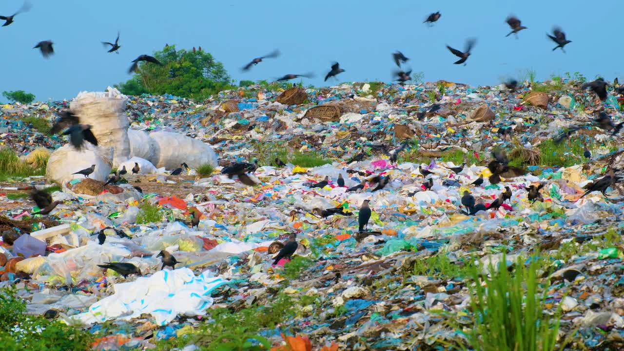 Flock of Hungry Crows Looking for Food on Scraps In Landfill