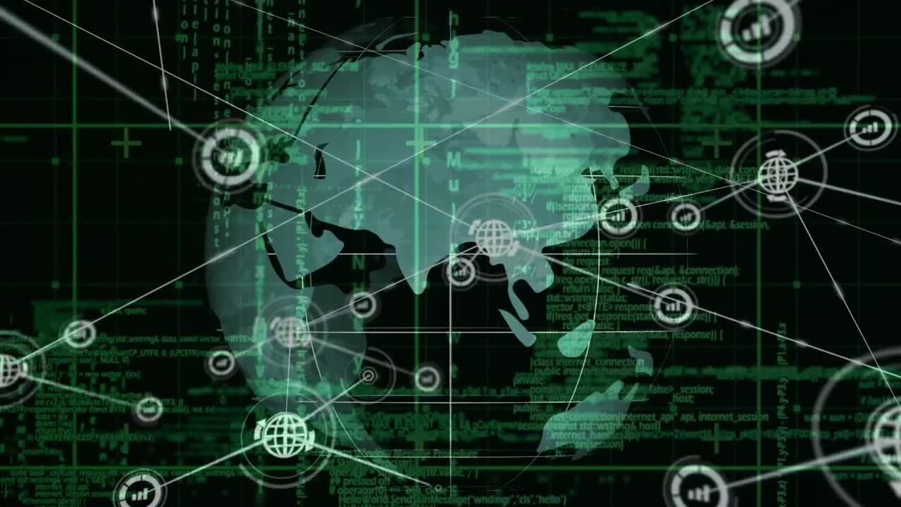 animación de la red de conexiones con iconos en todo el mundo y procesamiento de datos en fondo negro