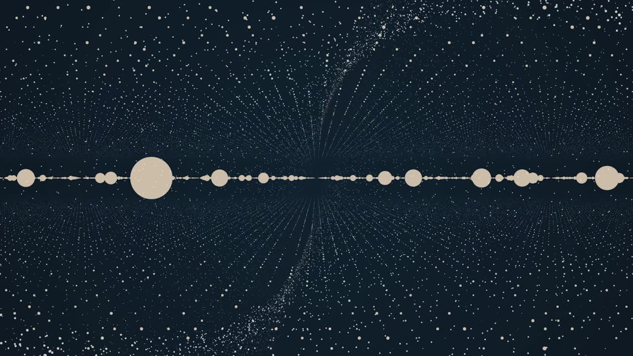 공간에서 점과 선의 추상적인 움직임, 연결 개념, 애니메이션, 카메라를 향해 날아가는 작은 색 원, 어두운 파란색 배경에 나선형의 모양