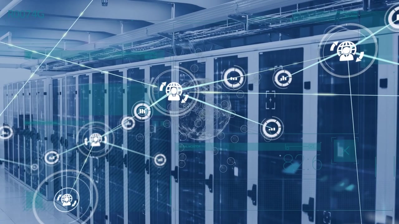 Animation of network of connections with icons and globe over computer servers