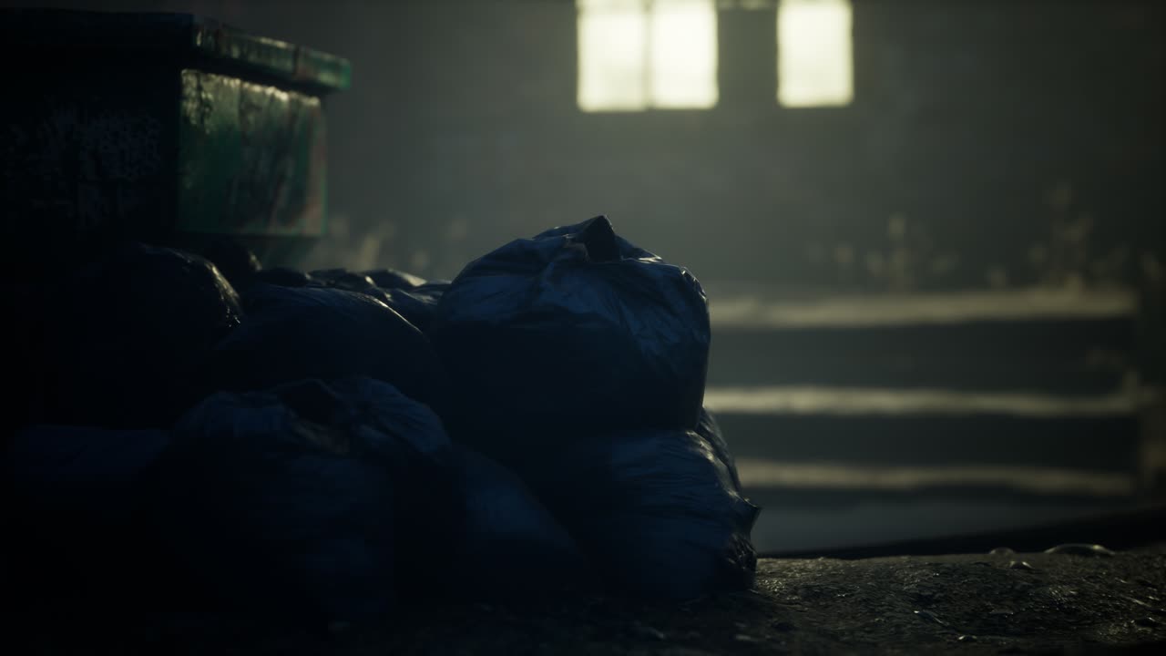 Garbage bags at city street an night