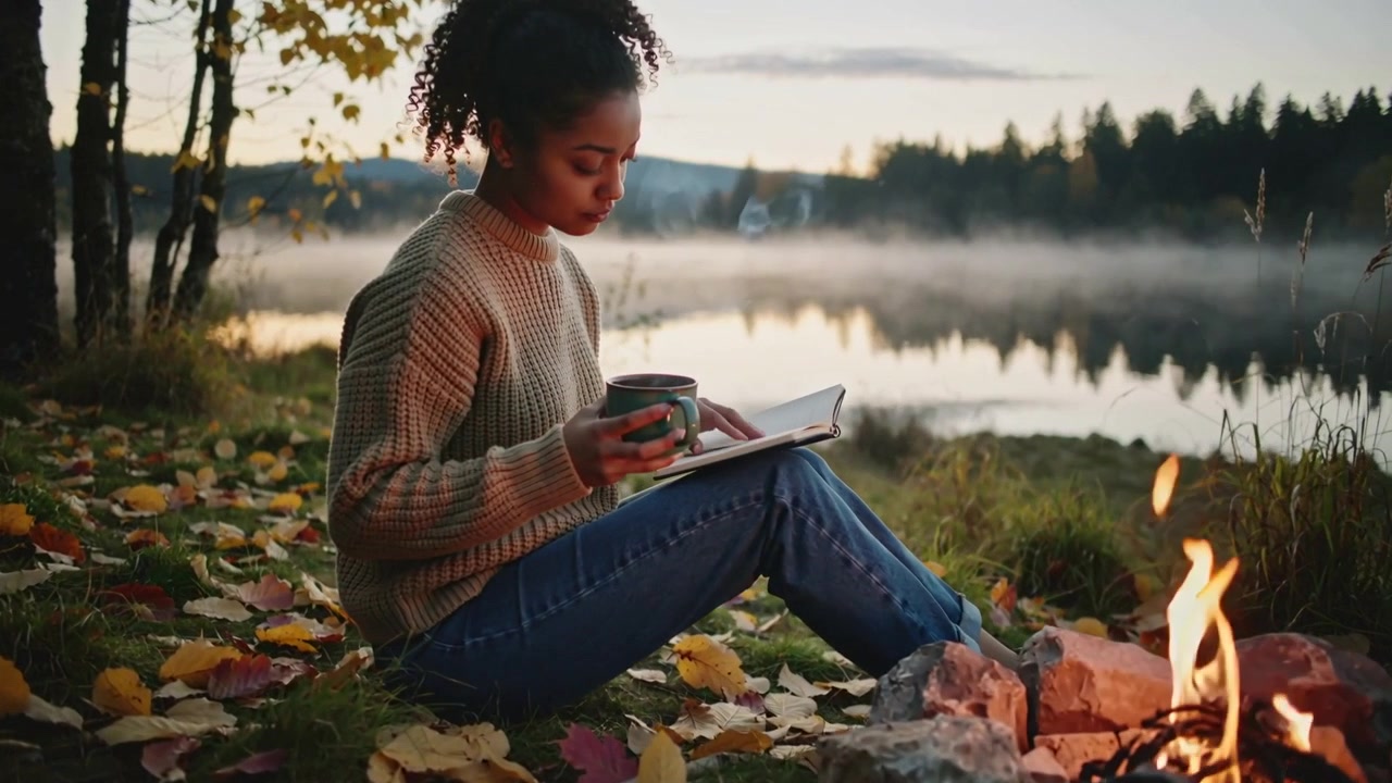 Donna con maglione lavorato a maglia e jeans che sorseggia da una tazza e sfoglia pagine di un libro in riva al lago, falò che scalda all'alba.