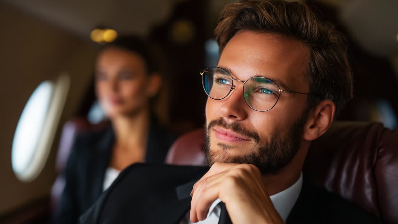 A thoughtful businessman in a private jet cabin gazes into the distance, reflecting on his thoughts. The luxurious surroundings and the calming ambiance create a perfect setting for contemplation and productivity