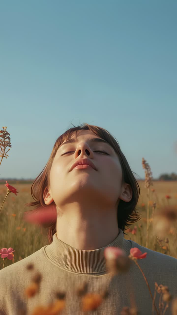 Vertical video: Tilting head back, woman in tan sweater feeling sun, smiling at pink buds in field