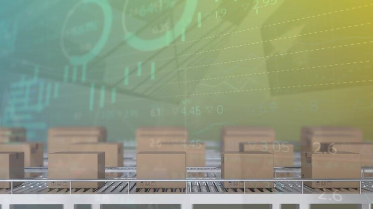 Animazione dell'elaborazione dati su scatole su un nastro trasportatore