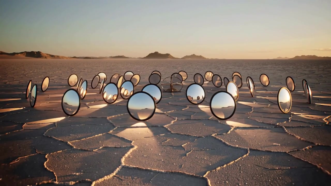 Câmera recuando, espelhos agrupados inclinando-se enquanto um equipamento os ajusta para refletir o sol em uma planície de sal.