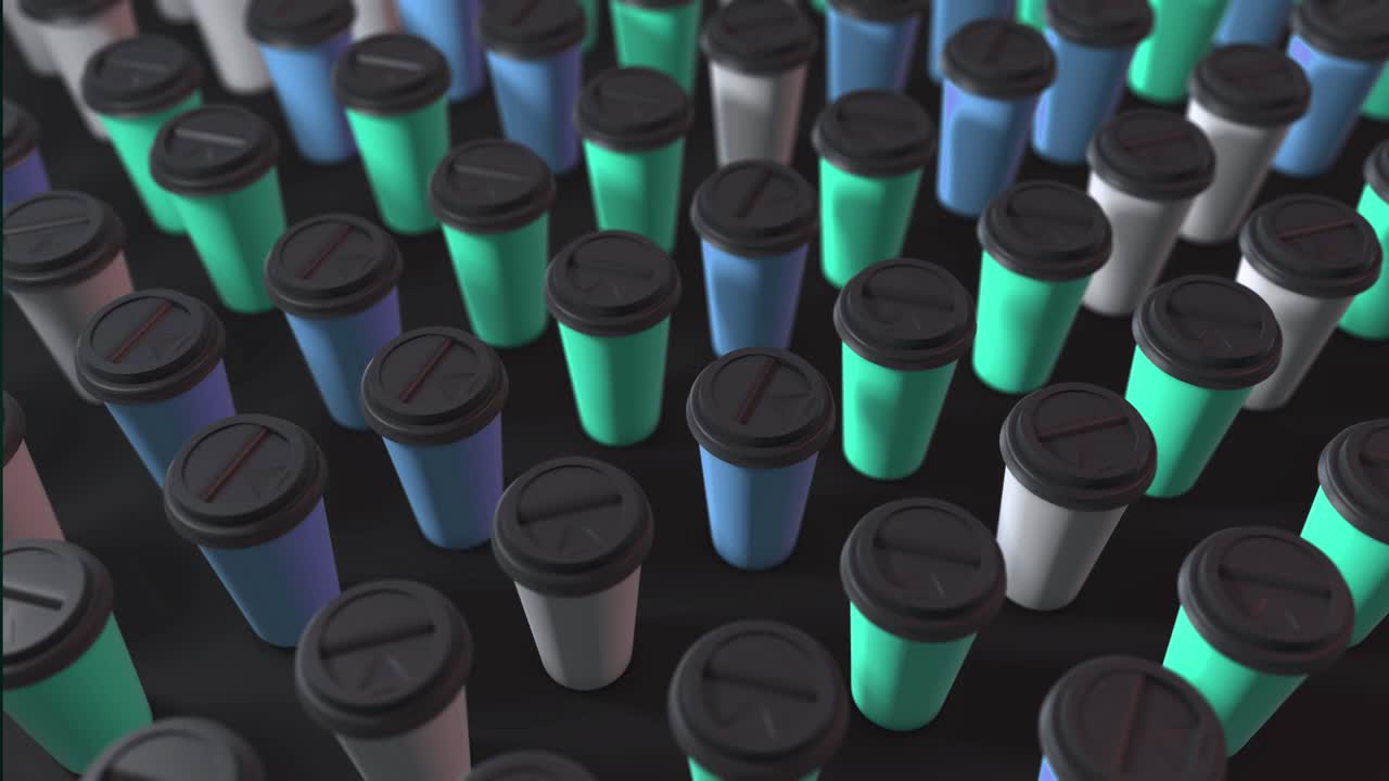 Three colored coffee cups background. 3d abstract render with bright light and shadows. Coffee cups pattern. Loopable animation. Turquoise blue white