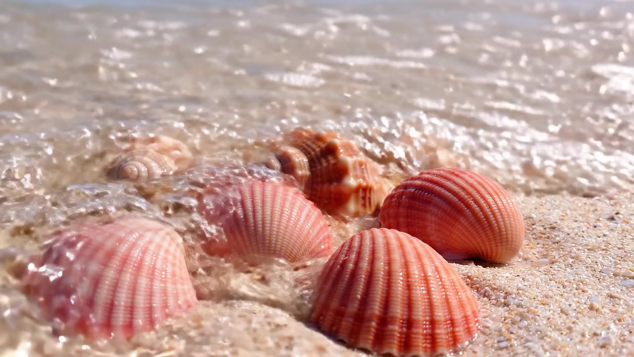 Close-Up View of Beautiful Seashells on the Shoreline, Highlighting Their Unique Patterns and Colors Against the Gentle Lapping Waves of the Ocean
