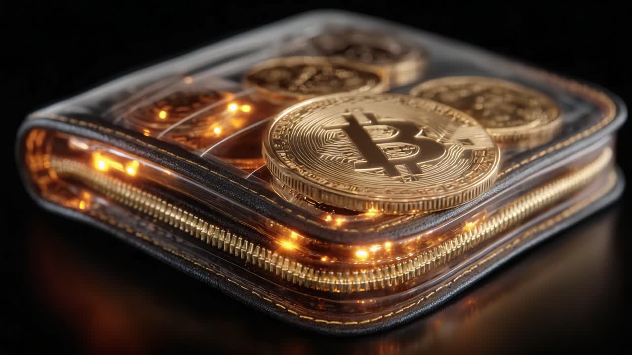 Bitcoin dorati che brillano all'interno di un wallet digitale futuristico e trasparente. Rappresenta il concetto di tecnologia blockchain, il mining di criptovalute, la finanza decentralizzata e i sistemi di pagamento elettronici.