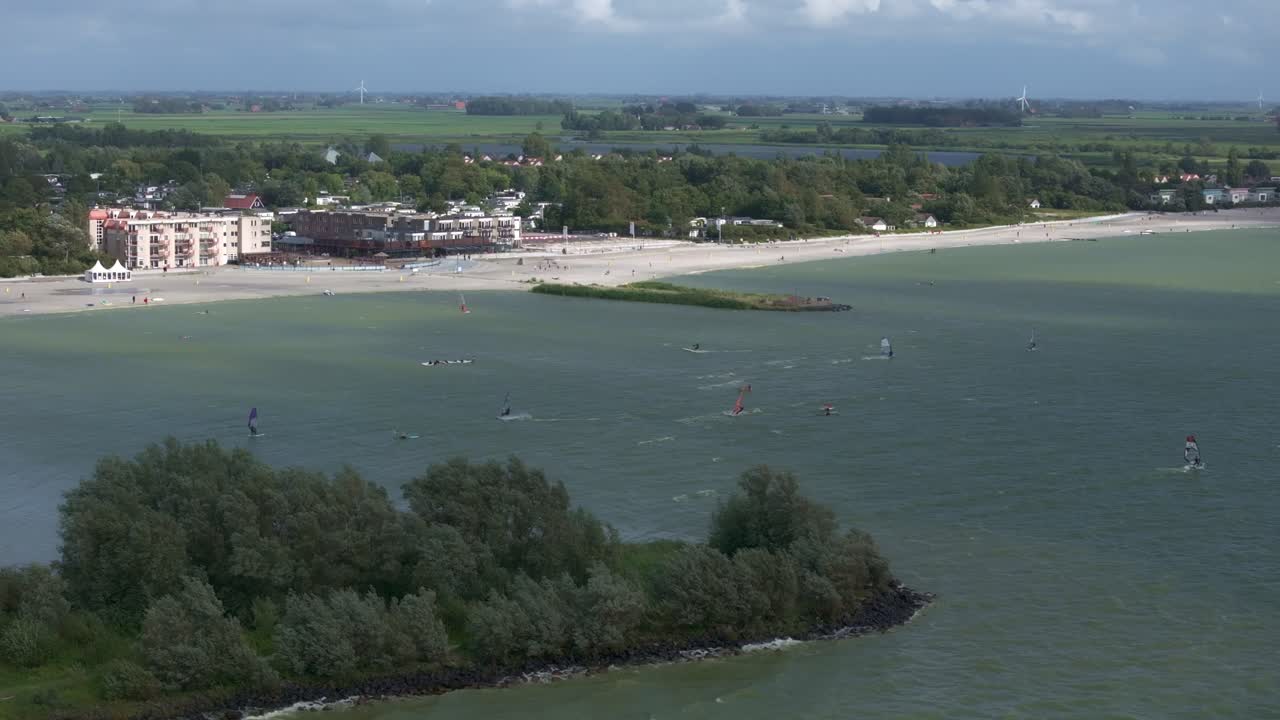 Aerial view of Makkum with IJsselmeer, surfing, wind, showing dramatic coastal scenery in Netherlands