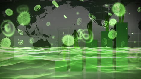 animation of a macro virus and coronavirus covid-19 cells spreading over green water and a world map