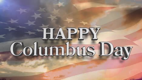 animation of happy columbus day text over american flag and sky