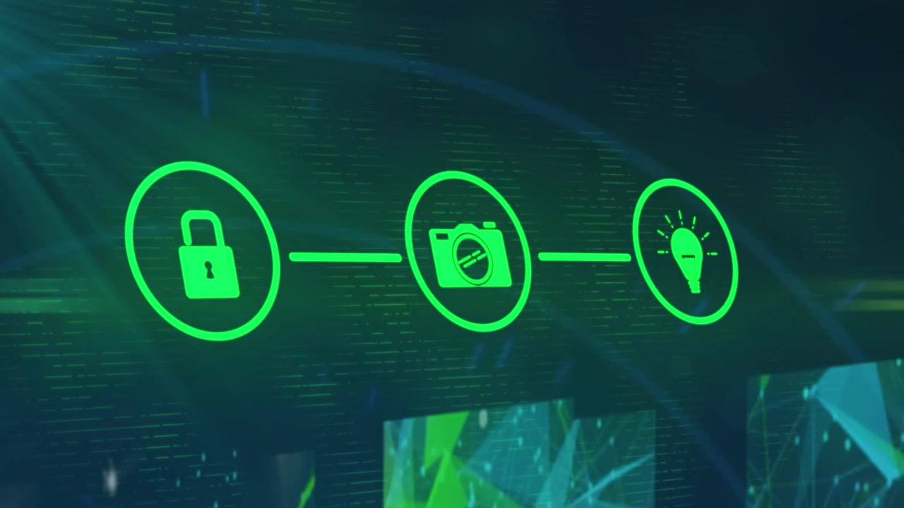 Animation of data processing with digital icons over binary coding
