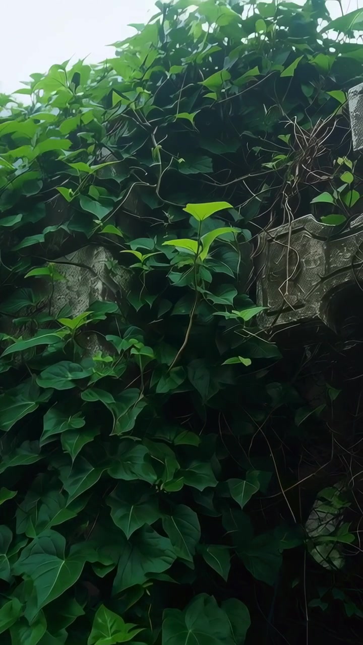 Video verticale: Telecamera che si inclina rivelando una massa di edera rampicante su un muro di pietra, esponendo una balaustra