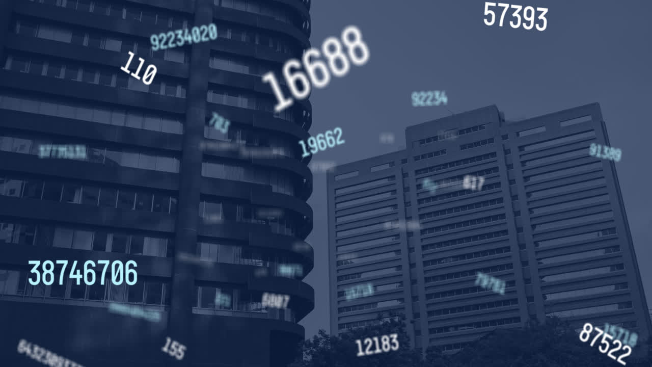 도시 풍경 위에서 떨어지는 숫자의 애니메이션