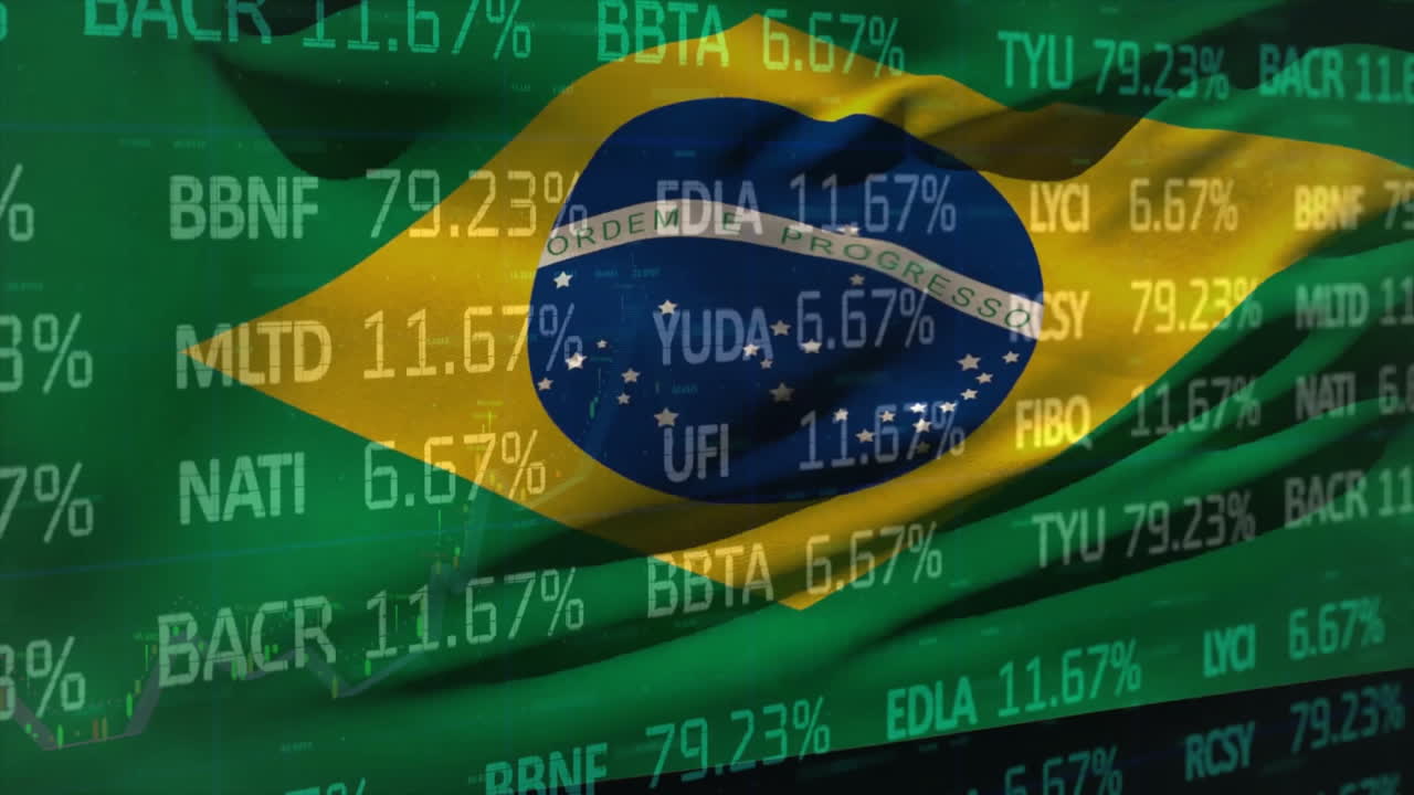 Animazione di bandiera brasiliana su elaborazione dati finanziari