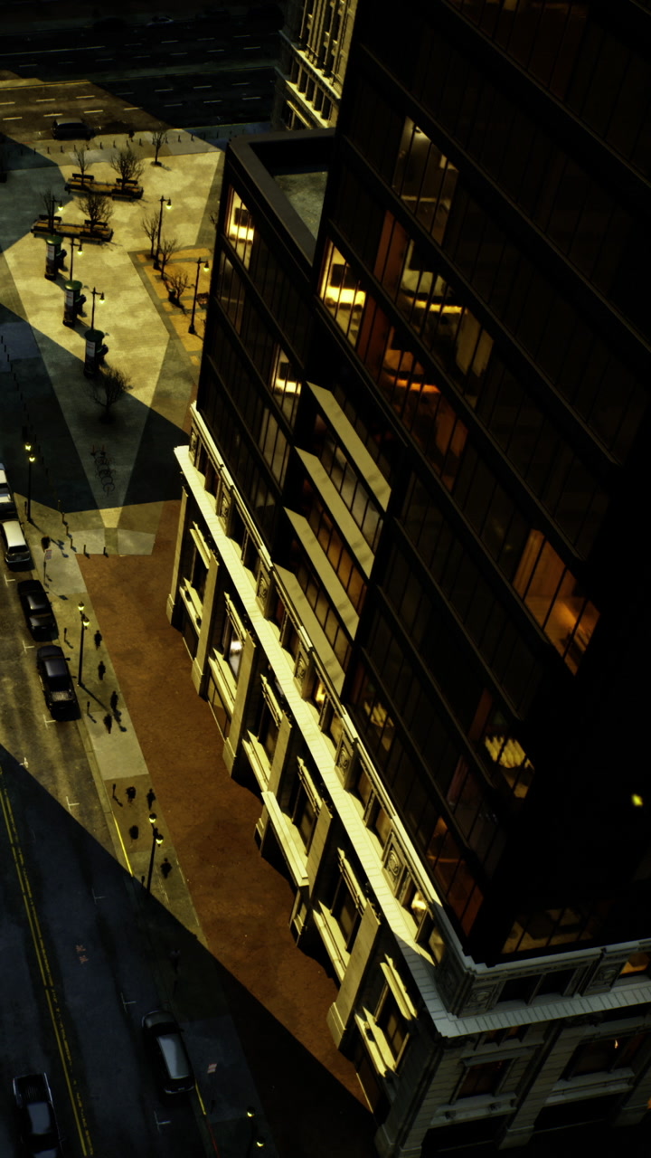 Cityscape at dusk reveals vibrant shadows and lively streets beneath skyscraper