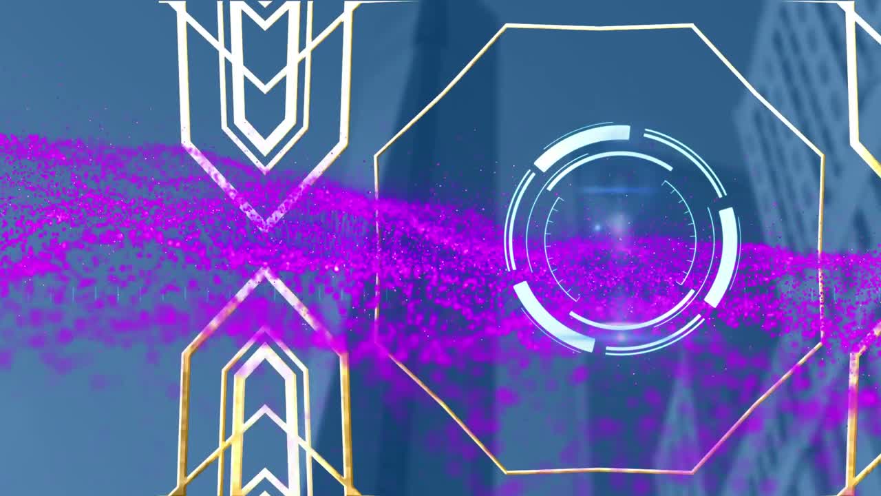 animación de senderos de luz púrpura sobre patrones dorados y edificios de oficinas sobre fondo azul