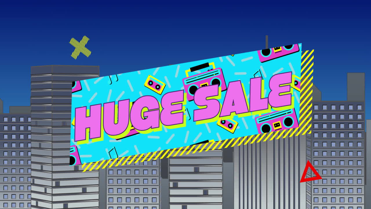 Colorful banner with huge sale text and retro patterns over city buildings