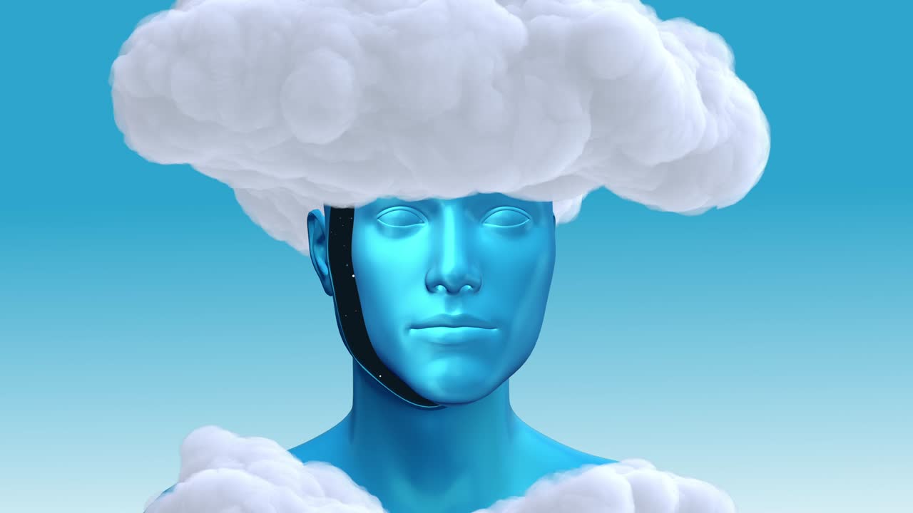 머리에  구름을 가진 남자의 몸, 창의적인 모던 스 모션 스타일의 현실적인 3d 미술 작곡, 최소한의 추상적인 그래픽 컨셉 디자인, 패션 루프 애니메이션.
