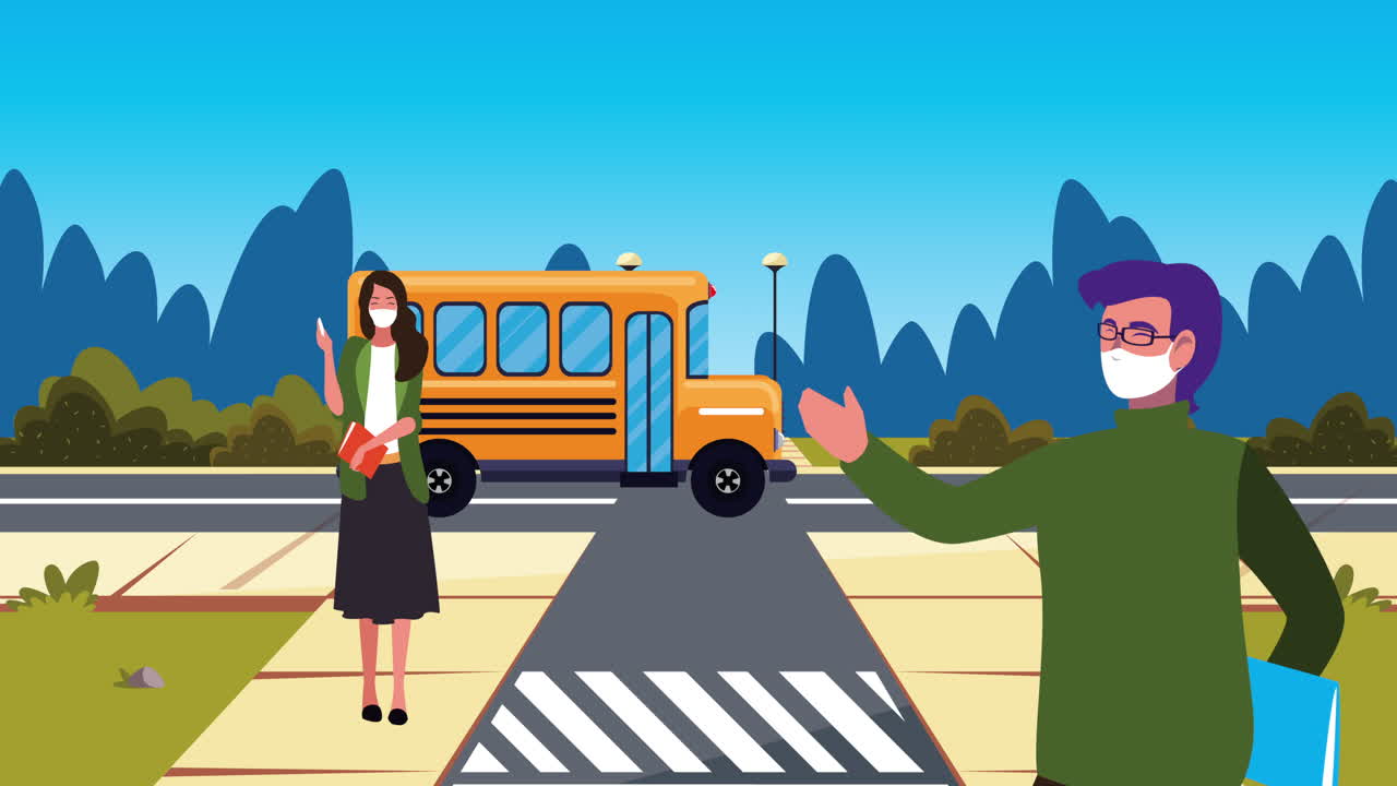 maestros que usan máscaras médicas para covid-19 con el autobús escolar