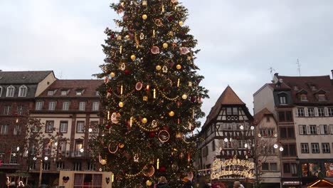 huge christmas tree towers over a town plaza at festive christmas market in strasbourg, france europe