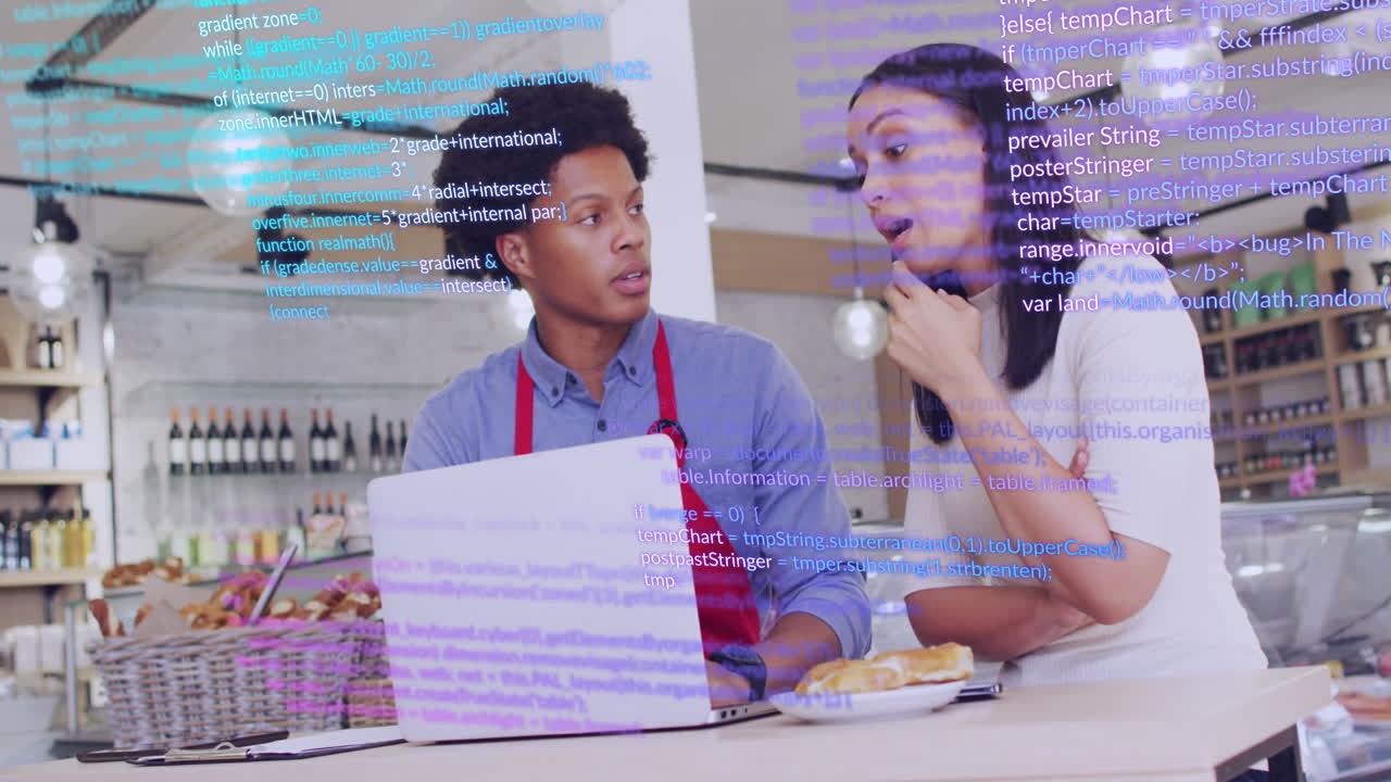 Animation of data processing over diverse workers in shop using laptop