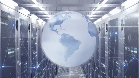 animation of rotating globe and connected dots over bars on data server racks in server room