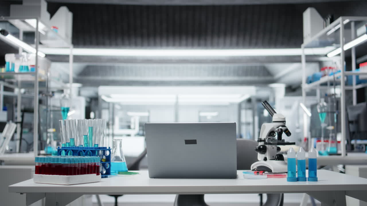 Sterile medical laboratory workspace featuring test tube racks on workbench