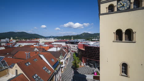 panorama motion time lapse of žilina city, slovakia viewed from burian's tower on summer sunny day