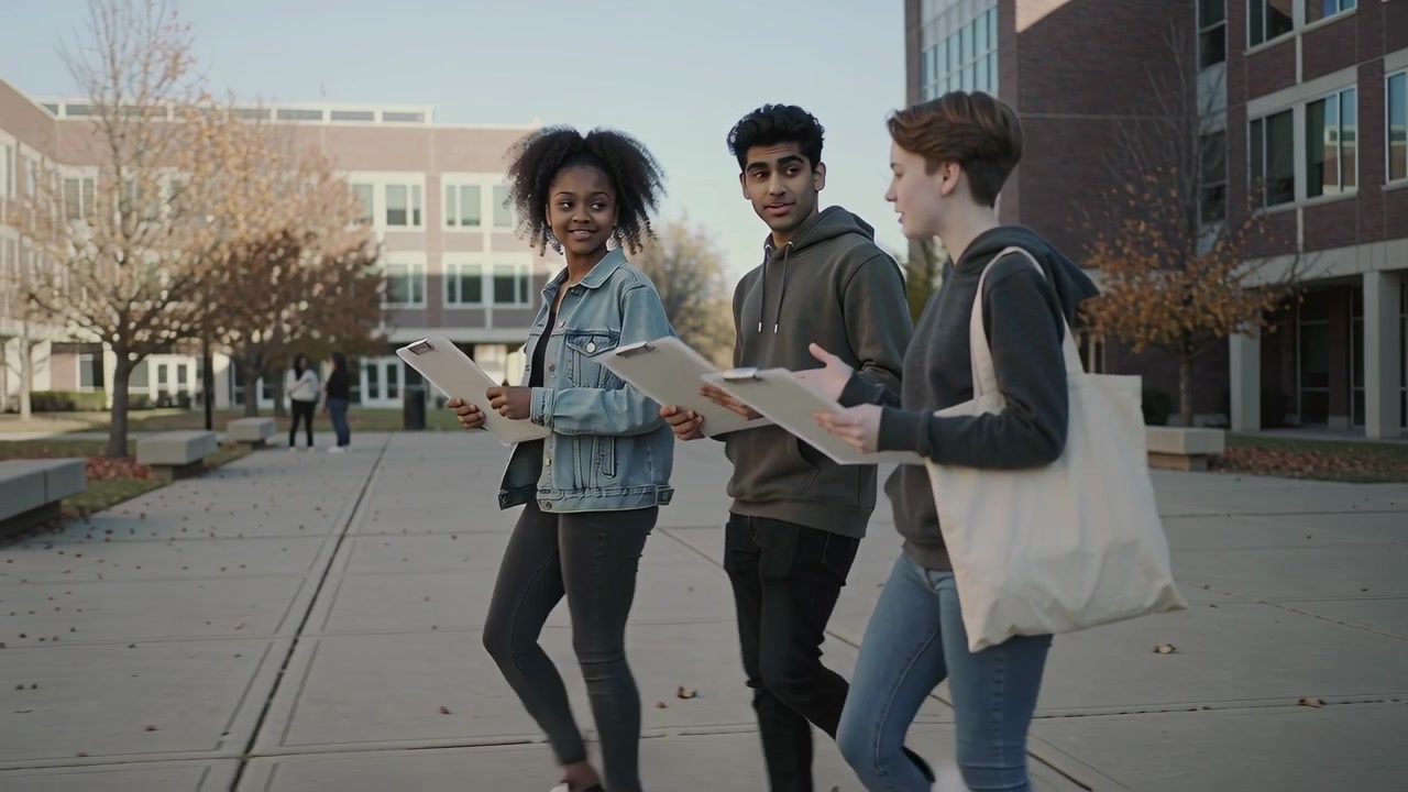 Walking 3 peers in denim jacket, hoodie, carrying tote, checking clipboards on campus to class
