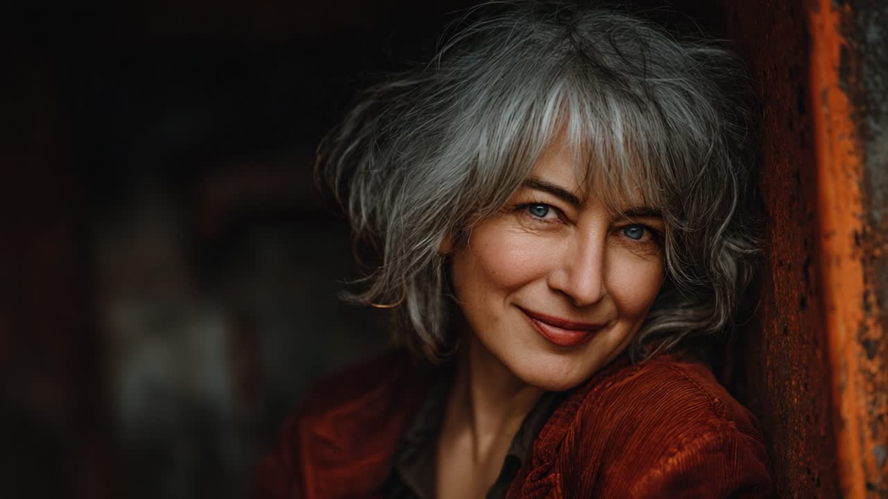 Ritratto accattivante di una donna matura con capelli argentei, che emana sicurezza e fascino, accentuati da illuminazione naturale e sfondo materico