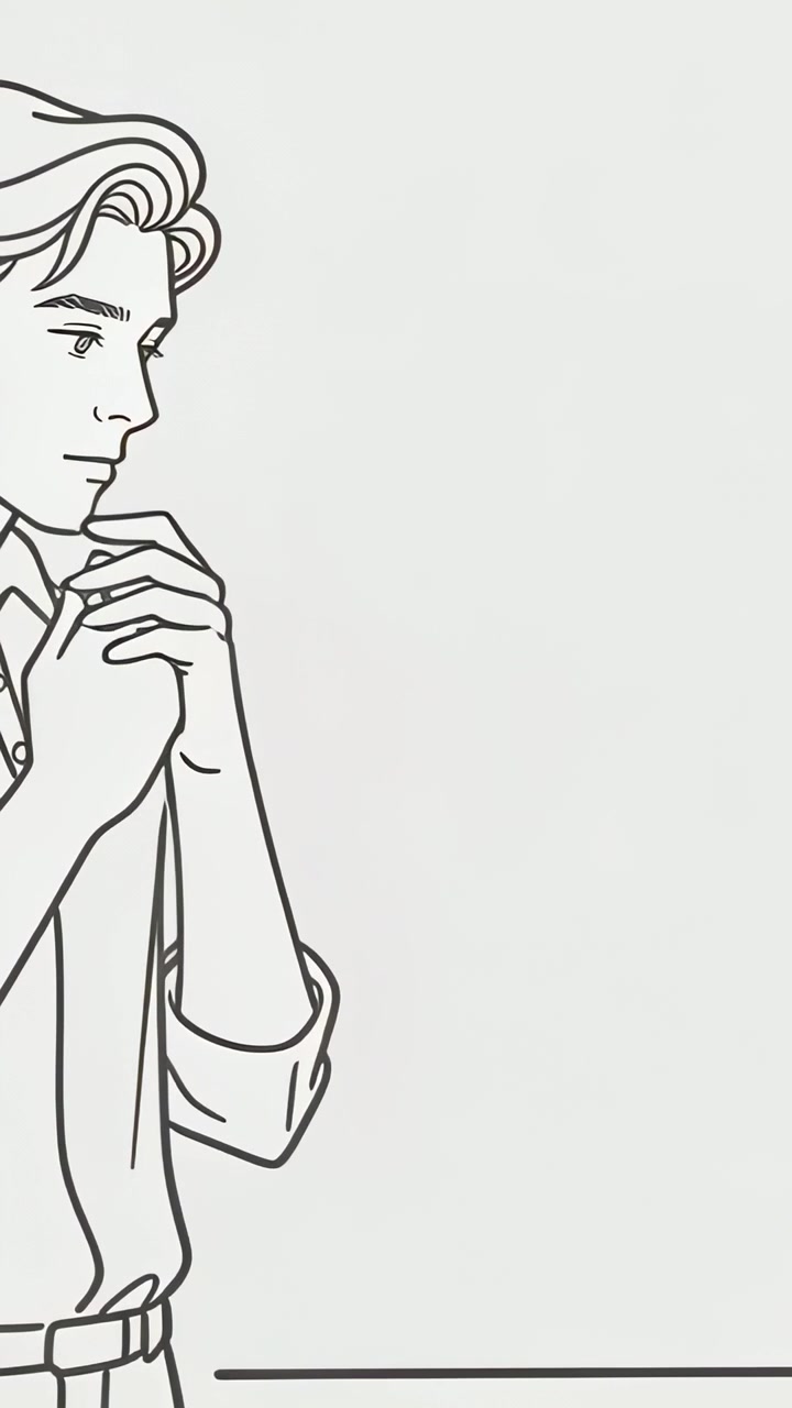 Video verticale: Uomo presentato in un pannello che estende e poi si stringe il petto, con linee della camicia e della cintura, e spazio per il testo.