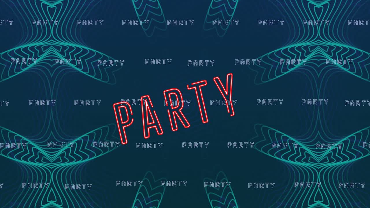 파티 네온 텍스트의 애니메이션이 파란 패턴 위에 반복됩니다.