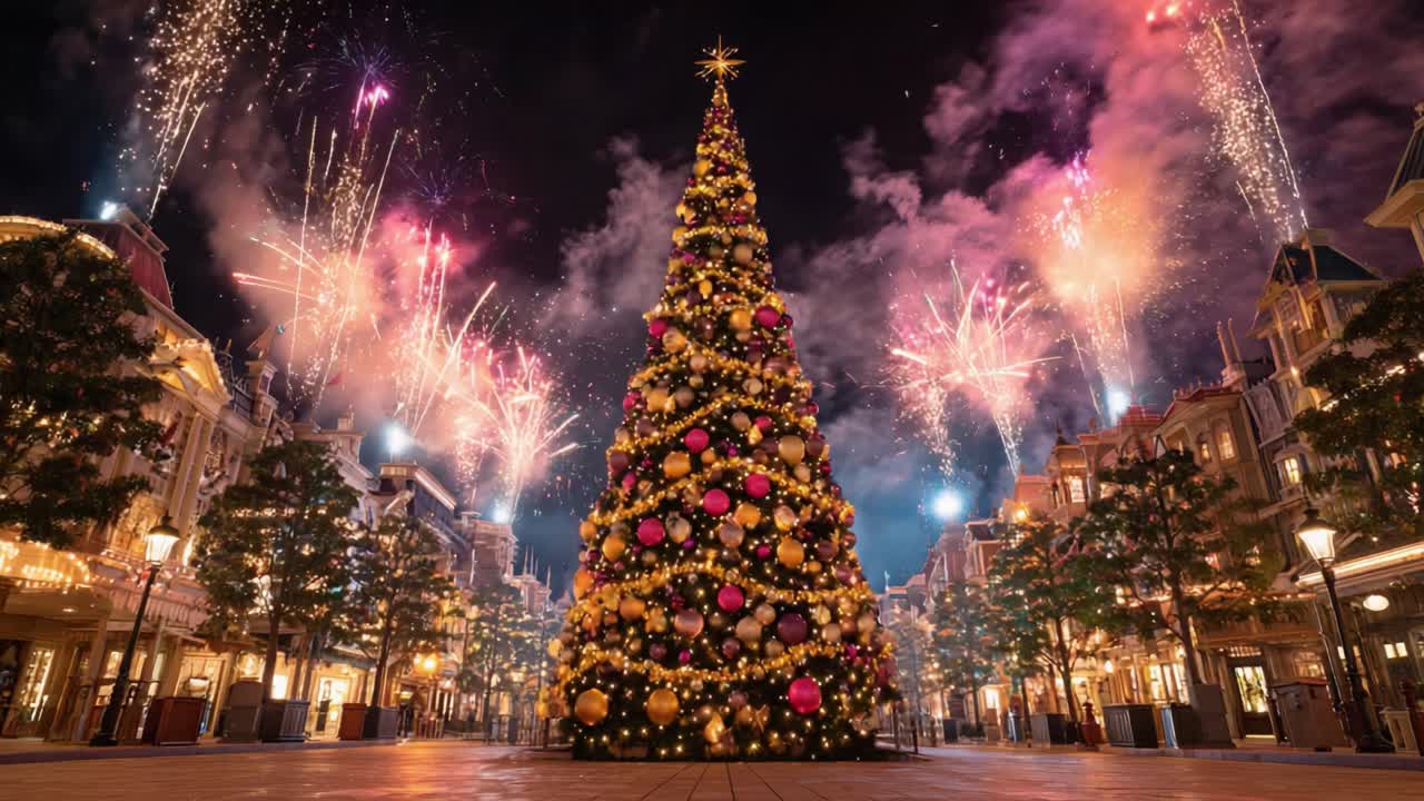 Magical Christmas Celebration Featuring a Stunningly Decorated Tree Surrounded by Dazzling Fireworks Displaying Vibrant Colors in a Festive Night Sky