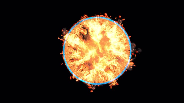 Blue circle igniting with flames on transparent background