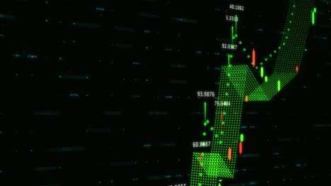 Grünes-Diagramm-Und-Zahlen,-Die-Sich-Vor-Schwarzem-Hintergrund-Bewegen