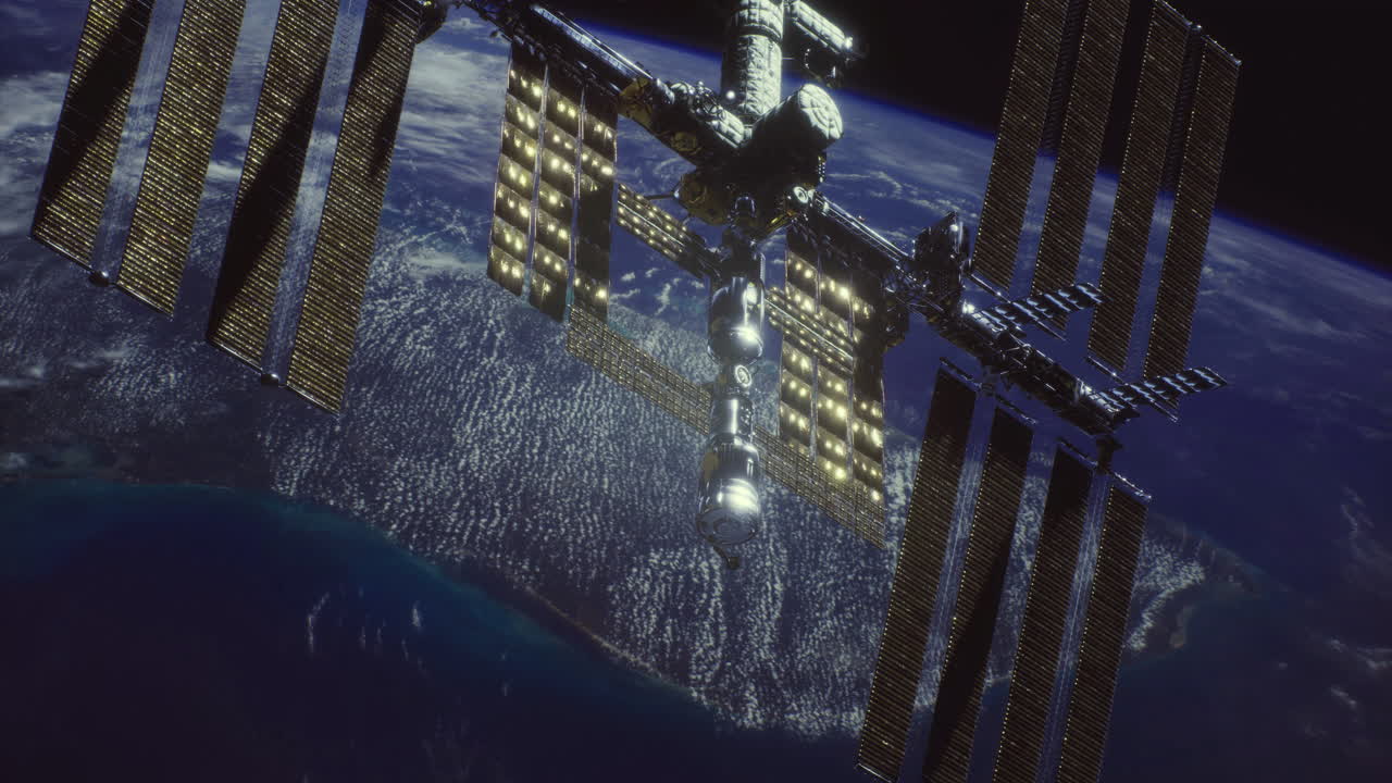 View of the international space station orbiting earth at night