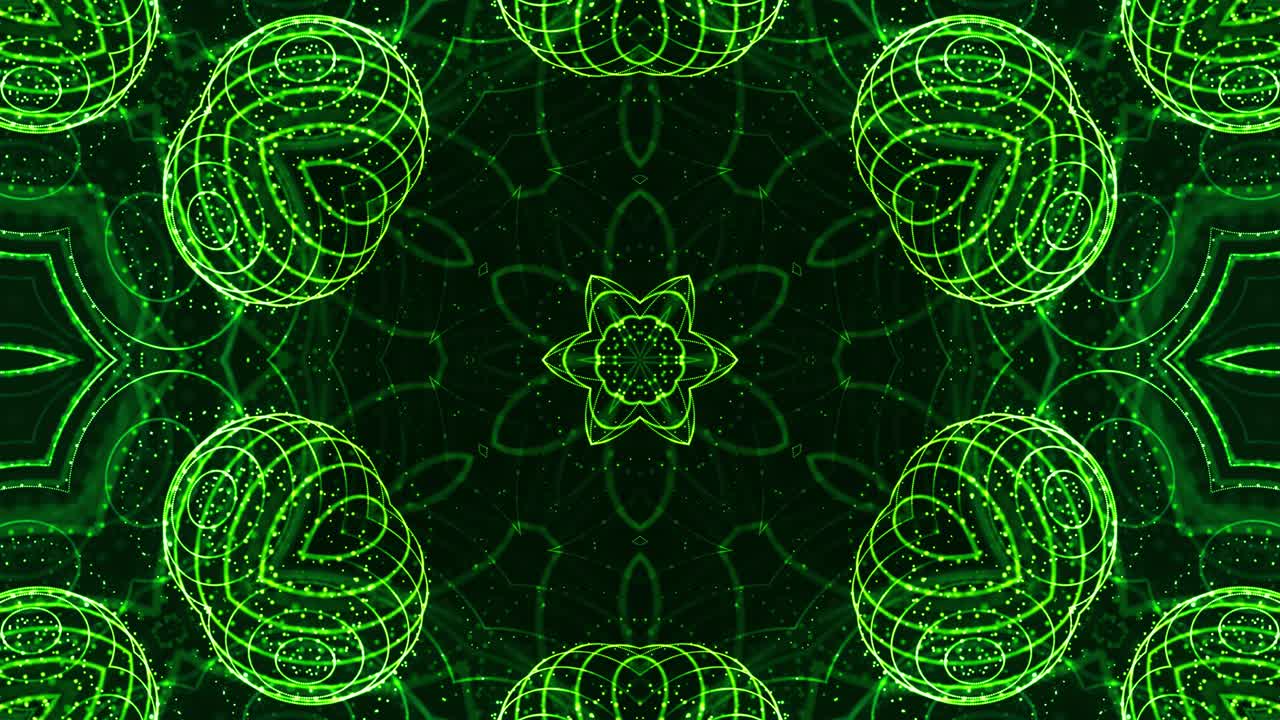 el fondo 3d de ciencia ficción en bucle de 4k con partículas verdes brillantes forman líneas, superficies, patrones, estructuras de caleidoscopio. estructuras de puntos simétricos de abstracción en movimiento.