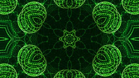 4k looped sci-fi 3d background with glow green particles form lines, surfaces, pattern, kaleidoscope structures. abstraction symmetrical point structures in motion.