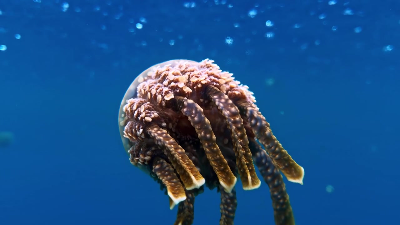A jellyfish drifts gently through the clear blue waters of a sanctuary in the Philippines. Ideal for marine life documentaries or educational content.