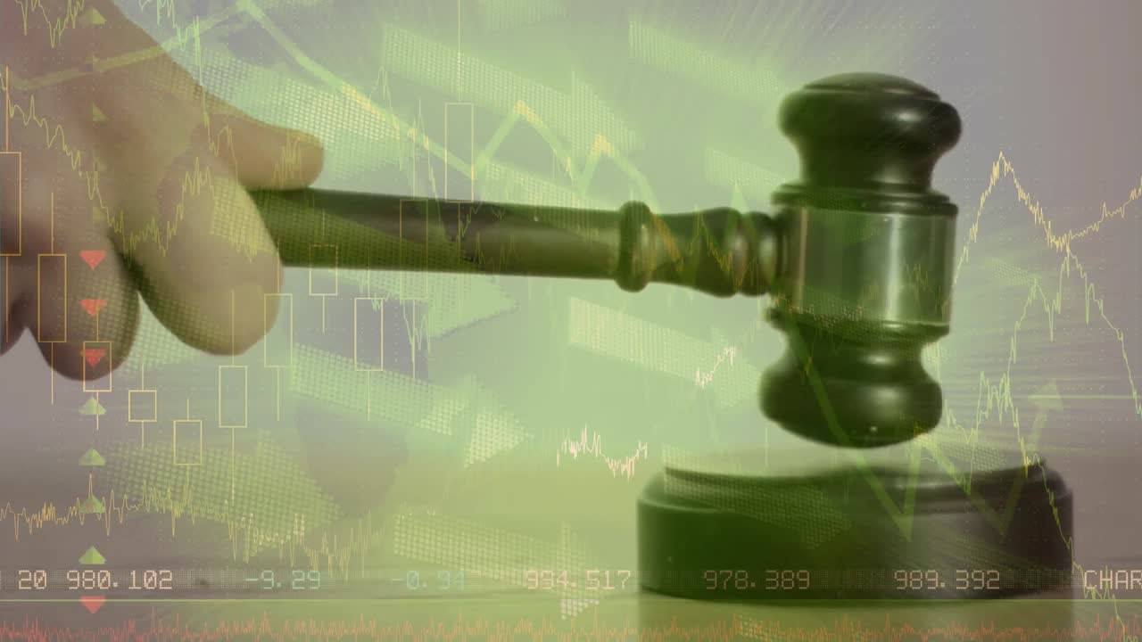 Animation of statistics and financial data processing with arrows over auctioneer's hammer