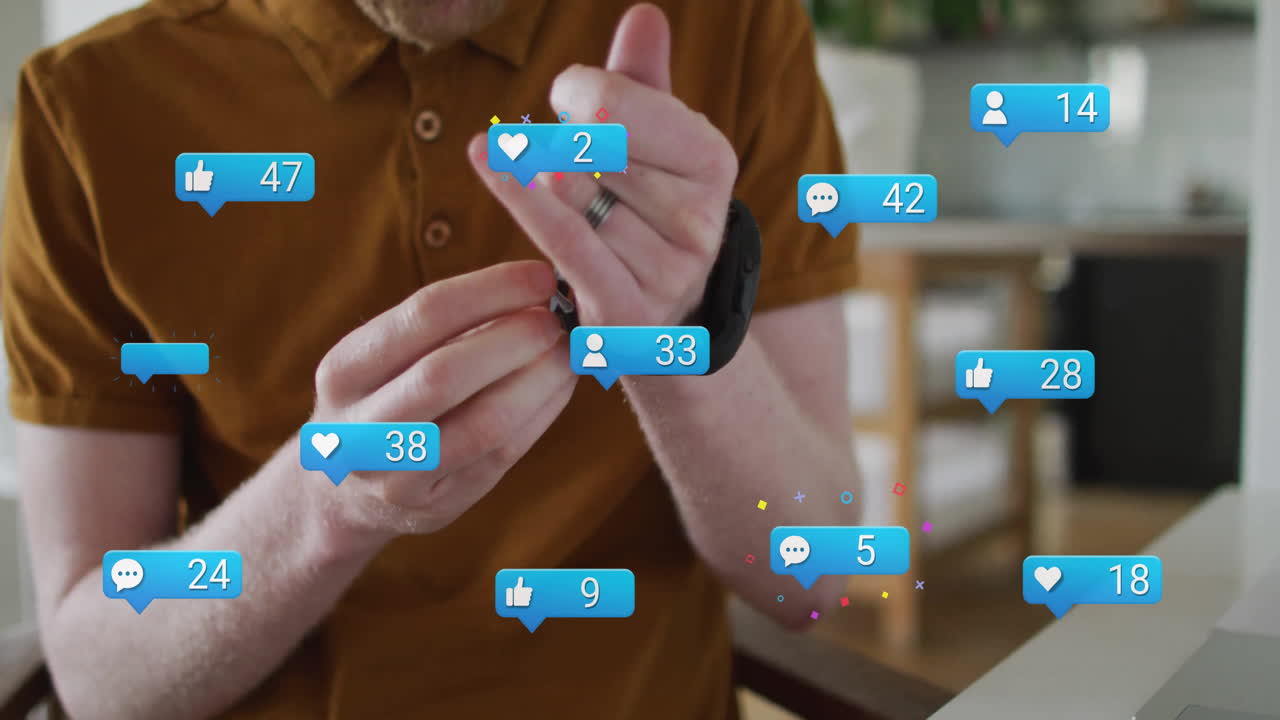 Man adjusting smartwatch strap in home office, showing floating social media marketing icons