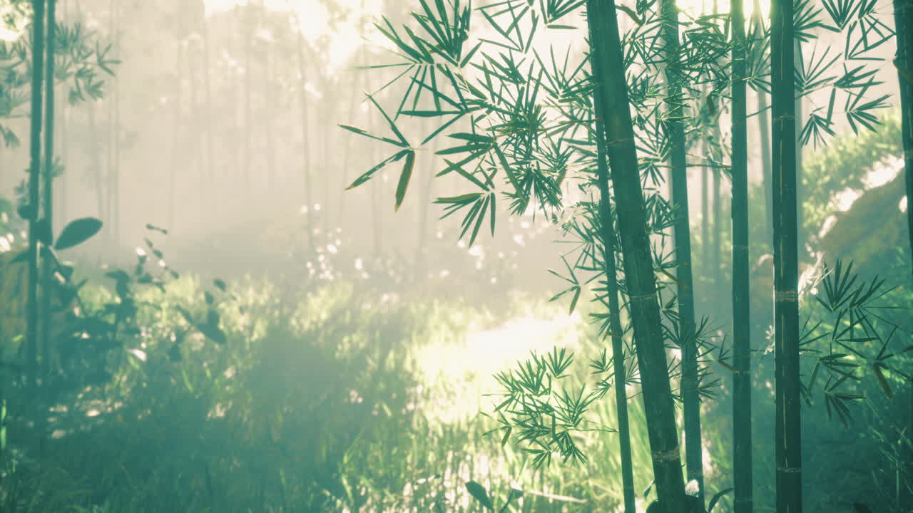 Exploring the serenity of a misty bamboo forest at dawn in natures embrace
