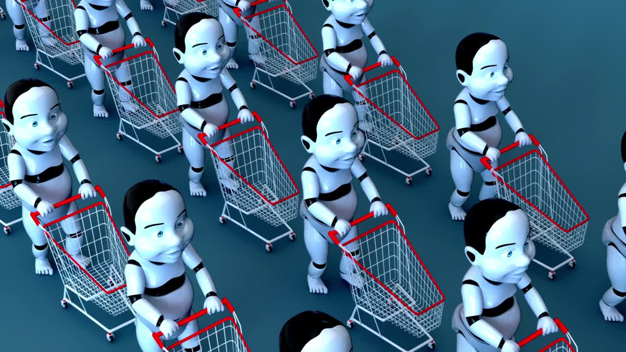 4K concept animation of baby robots shopping